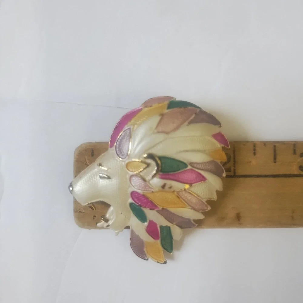 Vintage HMS Lion Head Brooch Enamel Multi Color Eclectic Maximalist
